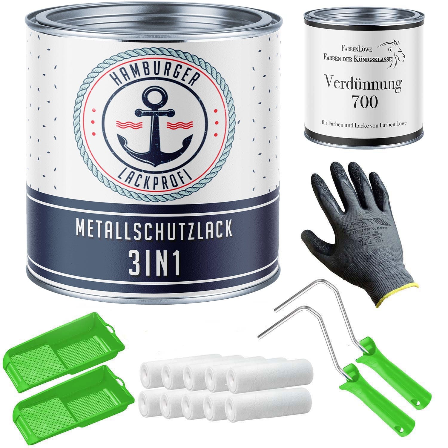 FARBENLÖWE Lacke & Beschichtungen Hamburger Lack-Profi Metallschutzlack 3in1 SEIDENMATT mit Lackierset (X300) & Verdünnung (1 L) - 30% Sparangebot