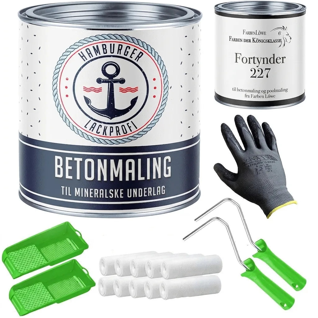 Hamburger Lackprofi betonmaling sæt med fortynder, maleruller, bakker og handske til mineralske overflader.