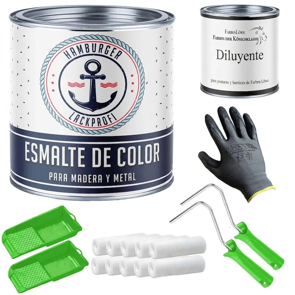 Set de pintura con bote de esmalte, diluyente, rodillos, bandejas y guantes protectores.