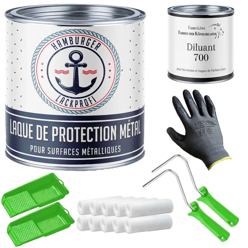 Kit de peinture avec laque de protection métallique, diluant, gants, rouleaux et bacs à peinture.