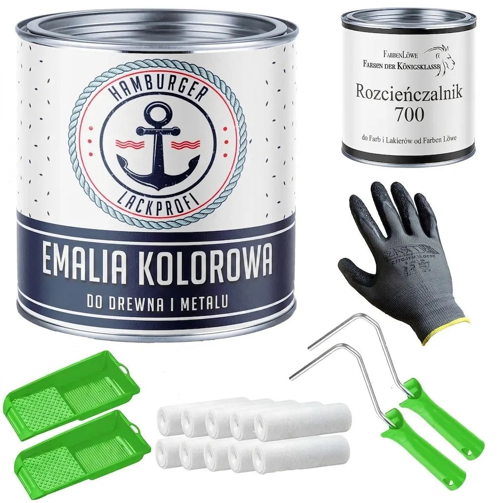 Zestaw malarski: lakier do drewna i metalu, rozcieńczalnik, rękawiczki, kuwety, wałki i uchwyty malarskie.