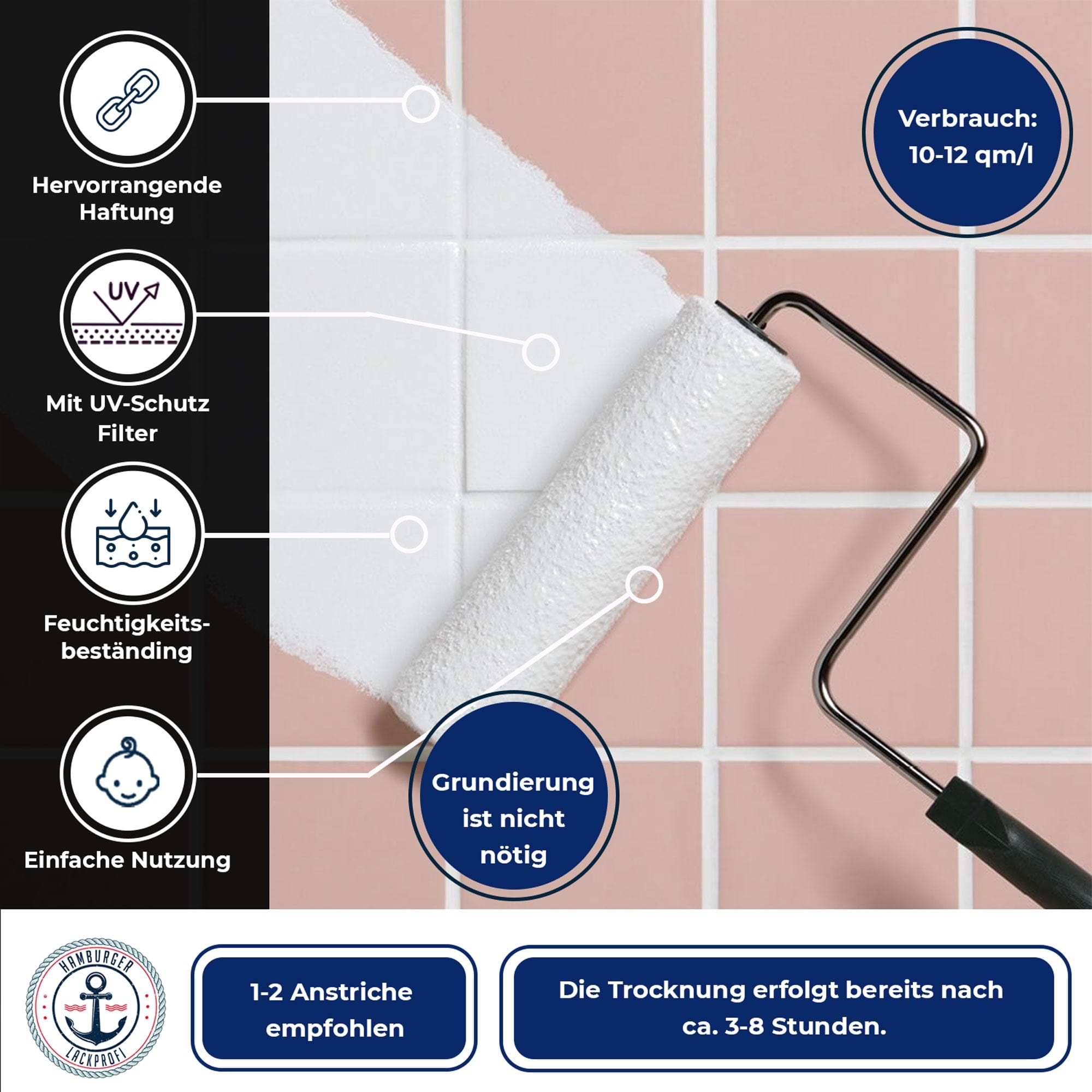 Hamburger Lack-Profi Lacke & Beschichtungen Hamburger Lack-Profi Fliesenlack mit Lackierset (X300) & Verdünnung (1 L) - Fliesenfarbe 30% Sparangebot