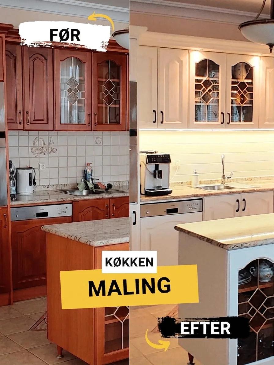 Før og efter: Køkkenrenovering med malede skabe og modernisering.