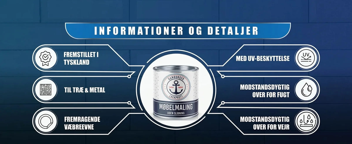 Detaljer om møbelmaling: Fremstillet i Tyskland, til træ og metal, fremragende vedhæftning, UV-beskyttelse, fugt- og vejrbestandig.