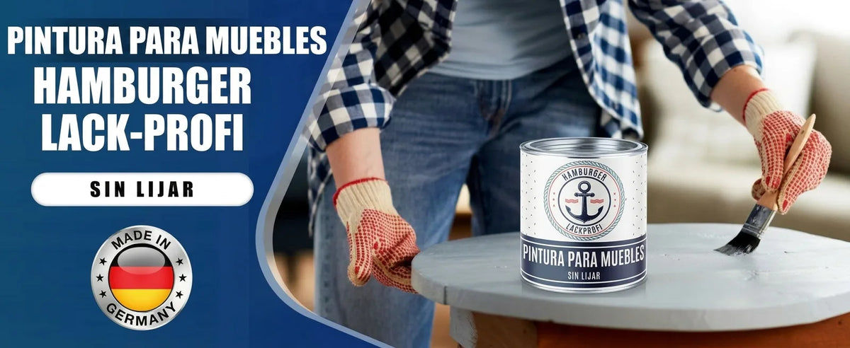 Pintura para muebles 'Hamburger Lack-Profi' sin lijado (Hecho en Alemania), aplicada por una persona en una mesa.