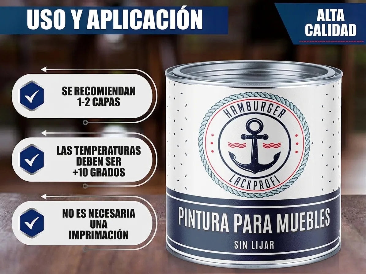 Bote de pintura para muebles de alta calidad con instrucciones de uso: 1-2 capas, sin lijar, no requiere imprimación.