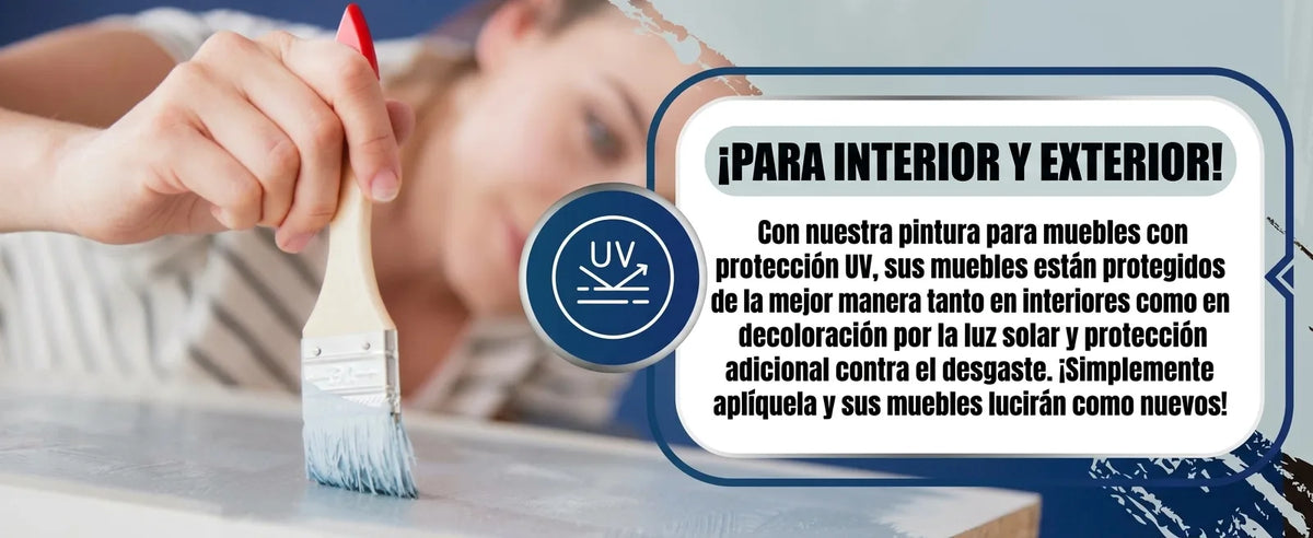 Persona pintando muebles de madera con pintura UV protectora. Ideal para interiores y exteriores, previene decoloración y desgaste.