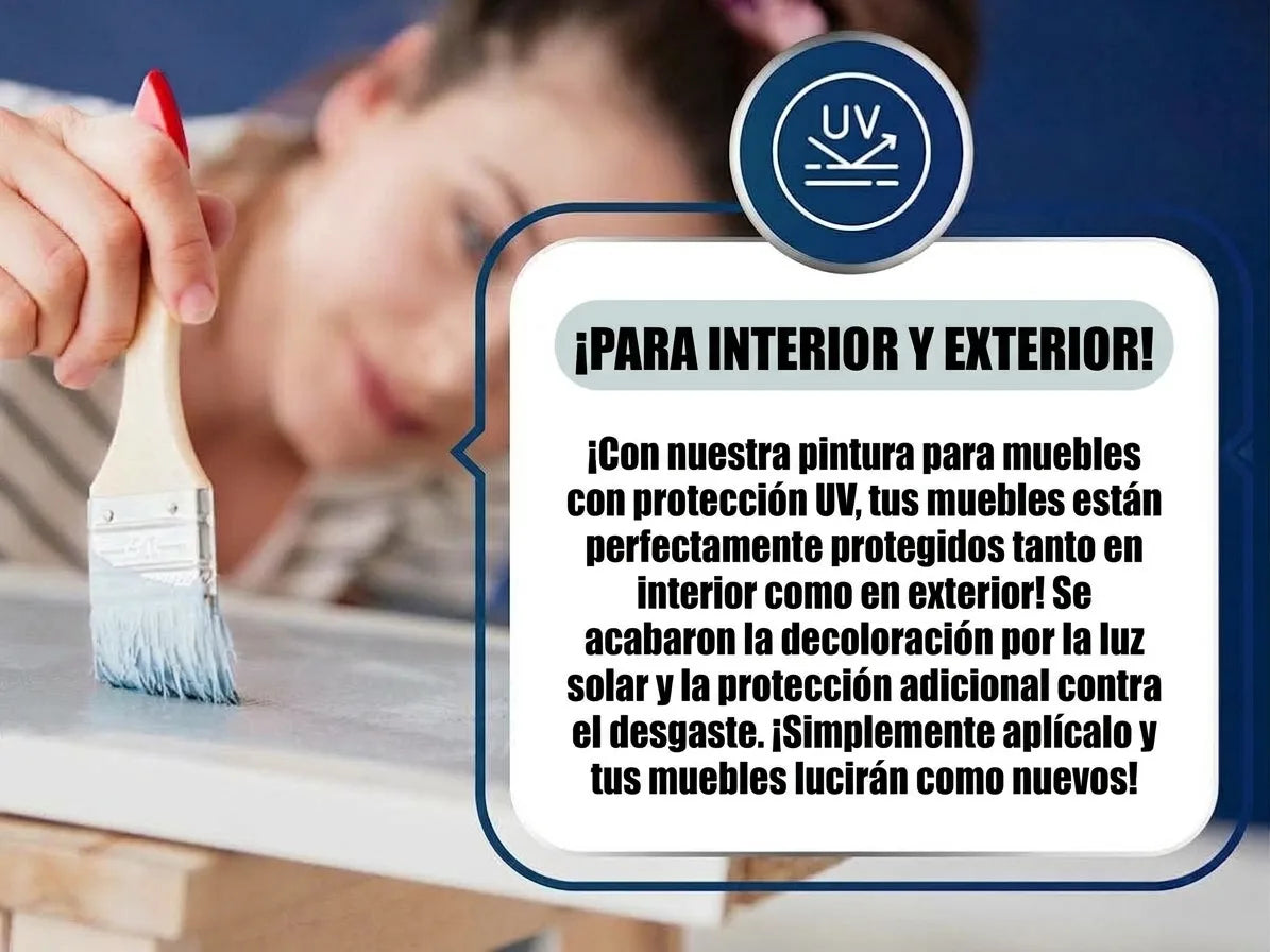 Persona pintando muebles con pincel, con texto publicitario sobre pintura protectora UV para interior y exterior.