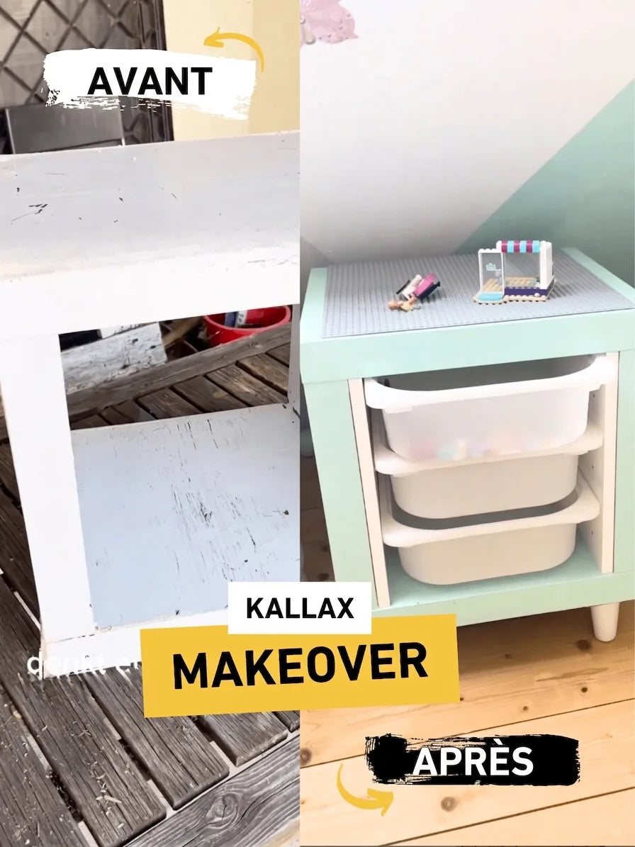 Rénovation DIY Kallax: avant/après étagère peinte mint, avec bacs de rangement et plateau Lego pour enfant.