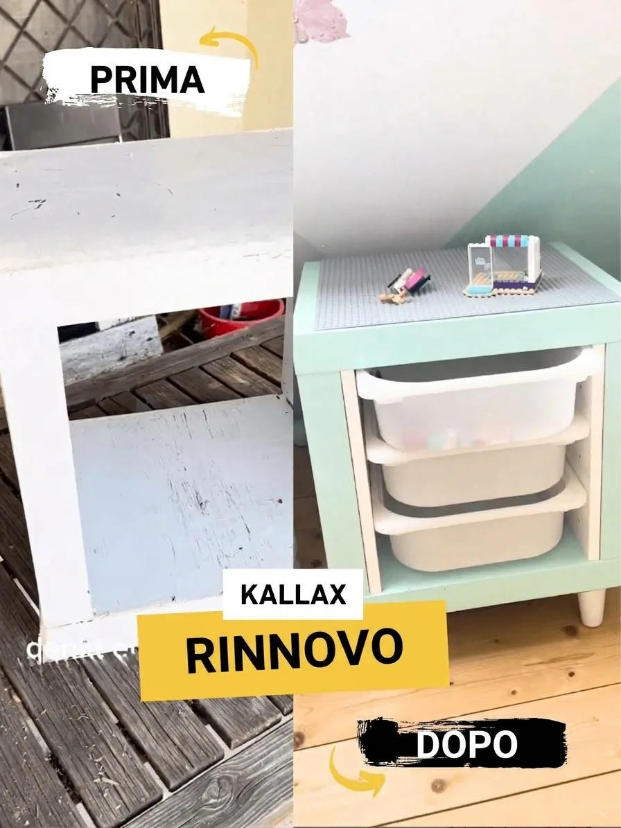 Prima e dopo: mobile Kallax fai da te, da scaffale bianco usurato a contenitore giochi mint con piano Lego.