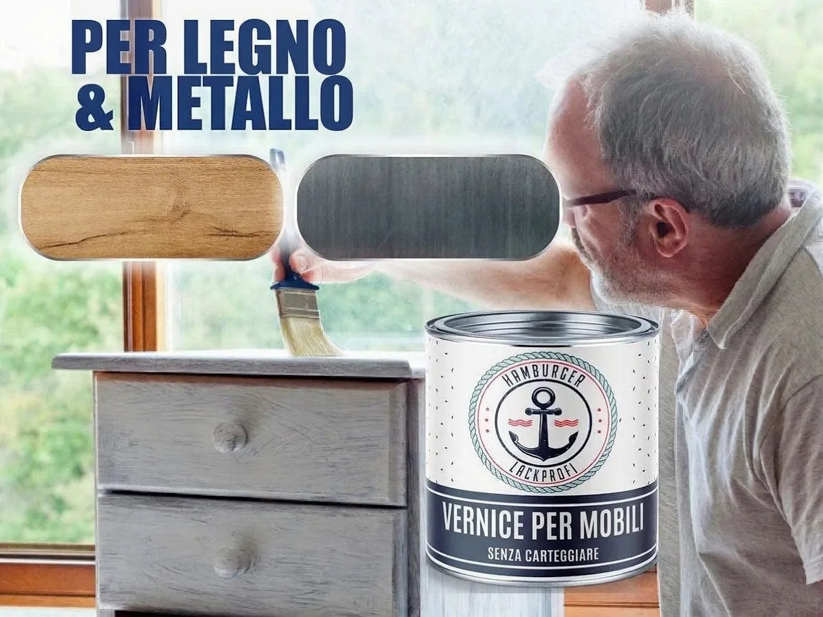 Uomo dipinge mobile in legno con vernice per mobili, indicata per legno e metallo, senza levigare.