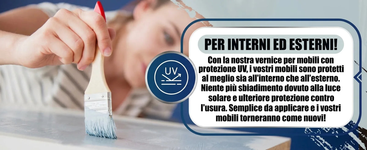 Donna dipinge un mobile con vernice blu chiaro. Icona di protezione UV e testo tedesco sui benefici della vernice.