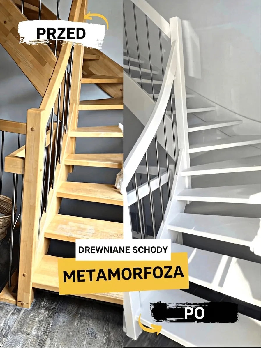 Metamorfoza drewnianych schodów: zdjęcie PRZED i PO renowacji, z naturalnego drewna na elegancką biel.