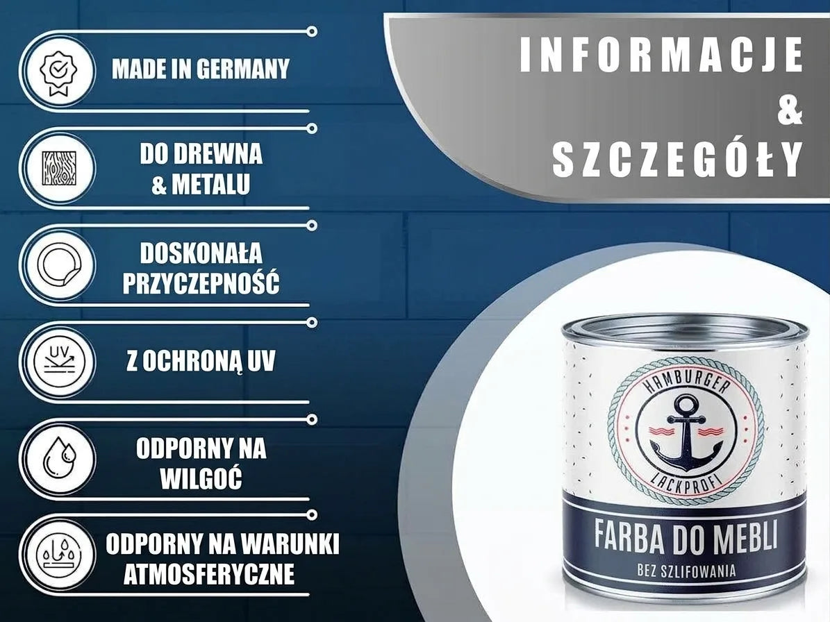 Grafika informacyjna o farbie do mebli Hamburger Lackprofi: Made in Germany, do drewna i metalu, z ochroną UV.
