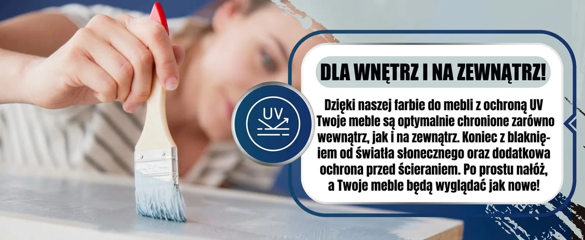Ręka malująca meble pędzlem. Reklama farby do mebli z ochroną UV do wewnątrz i na zewnątrz, chroniącej przed blaknięciem.