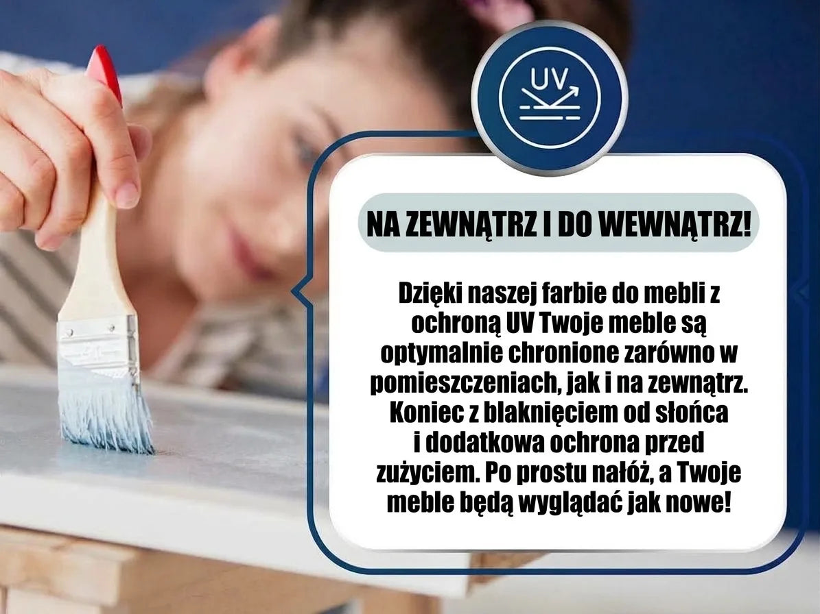Kobieta maluje meble pędzlem. Nakładka tekstowa o farbie do mebli z ochroną UV do wewnątrz i na zewnątrz.