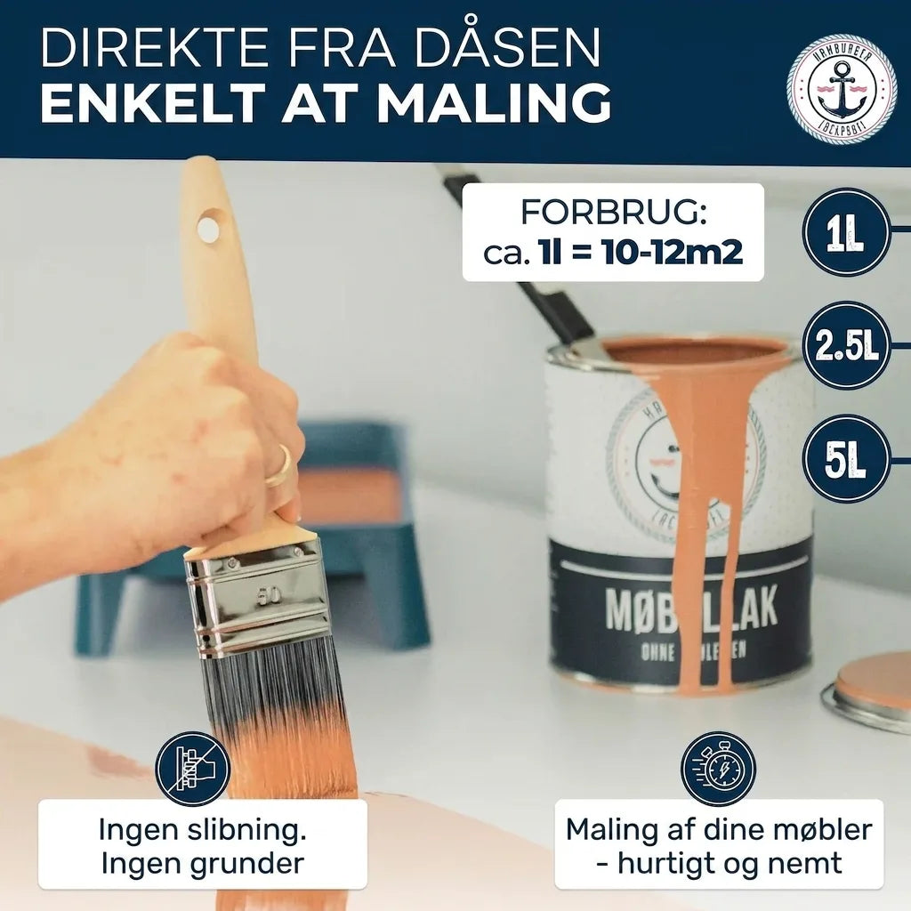 Hamburger Lackprofi møbelmaling (fersken) med pensel. 'Direkte fra dåsen, nemt at male. Ingen slibning/grunder. Forbrug: 1L=10-12m2'.