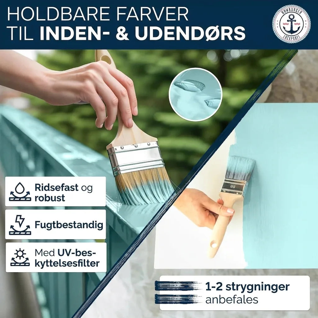 Holdbar maling til inde & ude. Ridsefast, fugtbestandig, UV-beskyttelse. 1-2 lag. En person maler med lyseblå maling.