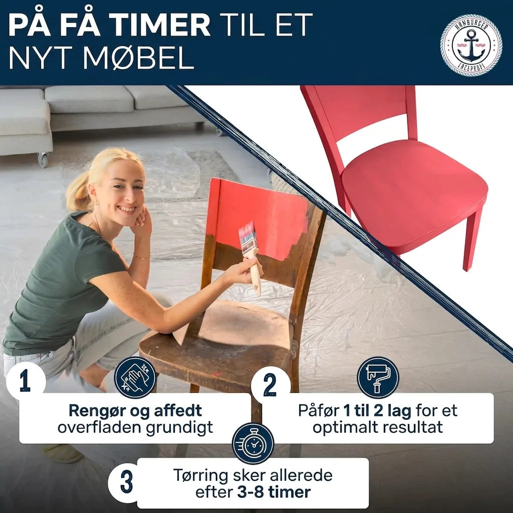 En kvinde maler en stol rød. Trin-for-trin guide til maling af møbler: Rens, påfør 1-2 lag, tørring 3-8 timer.