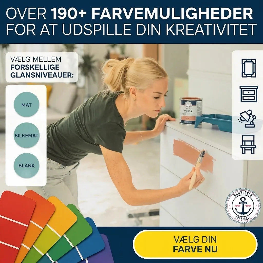 Kvinde maler kommode; 190+ farver og forskellige glansgrader (mat, silkemat, glansfuld). Vælg din farve nu.