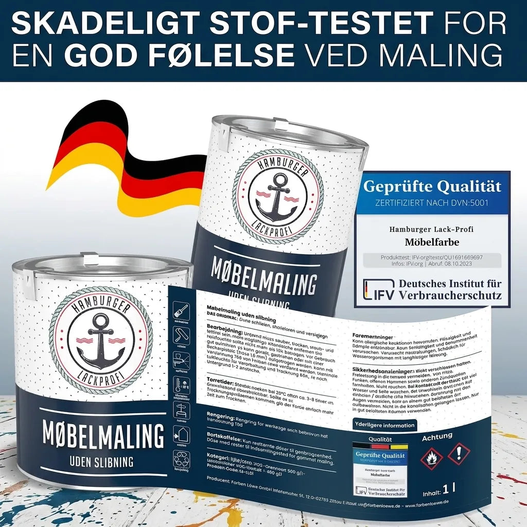 Møbelmaling fra Hamburger Lack-Profi, testet og certificeret for lavt indhold af skadelige stoffer, med detaljer.