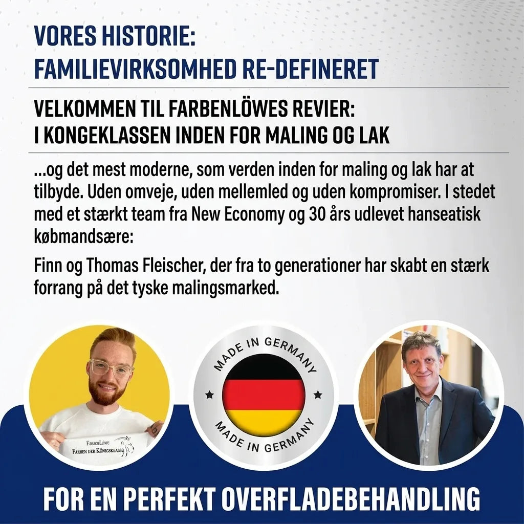 Tysk reklame for familieforetagendet Farbenlöwe, der redefinerer maling og lak. Viser Finn og Thomas Fleischer, 'Made in Germany'.