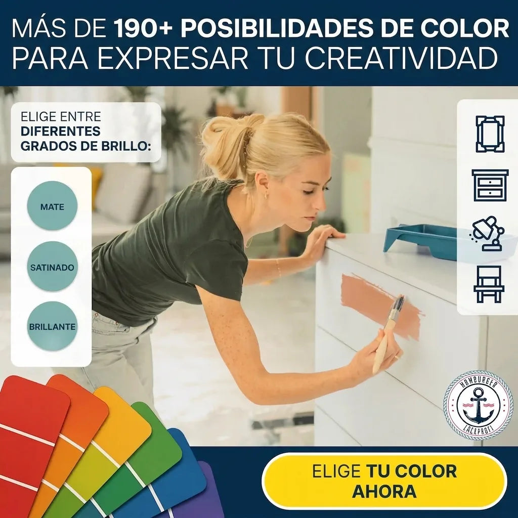 Mujer pintando un mueble con amplia gama de colores y acabados. Elige entre más de 190 opciones para tu proyecto.