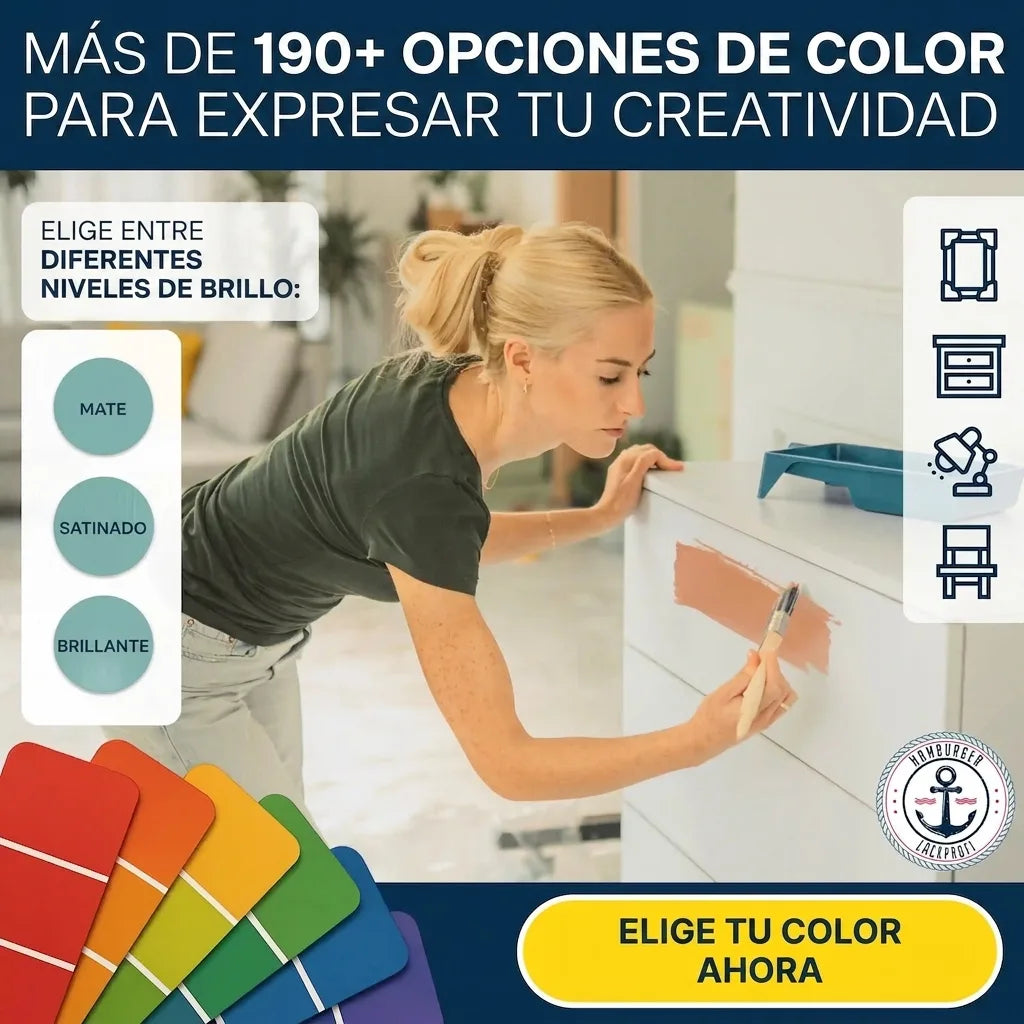 Mujer pintando un mueble, con opciones de más de 190 colores y diferentes acabados mate o brillante.
