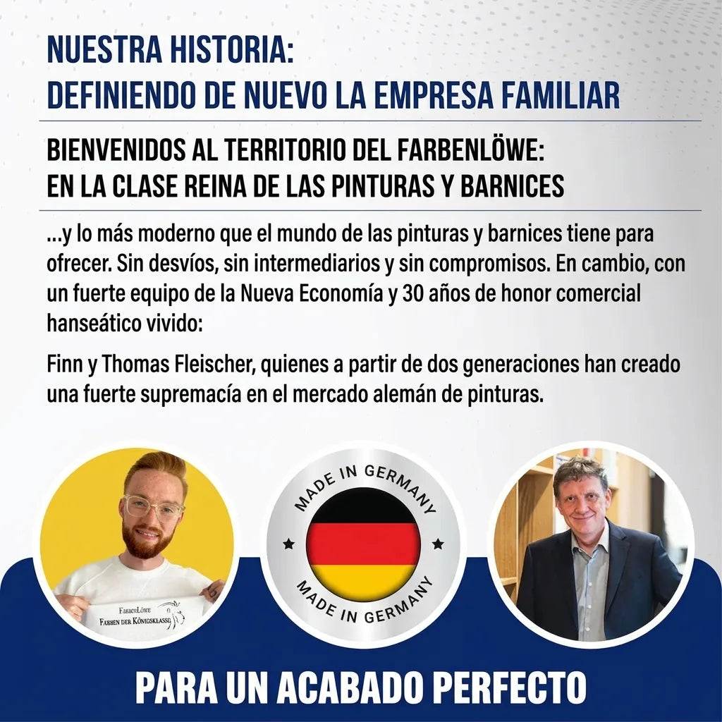 Anuncio Farbenlöwe: empresa familiar de pintura, con Finn y Thomas Fleischer y sello 'Made in Germany'.