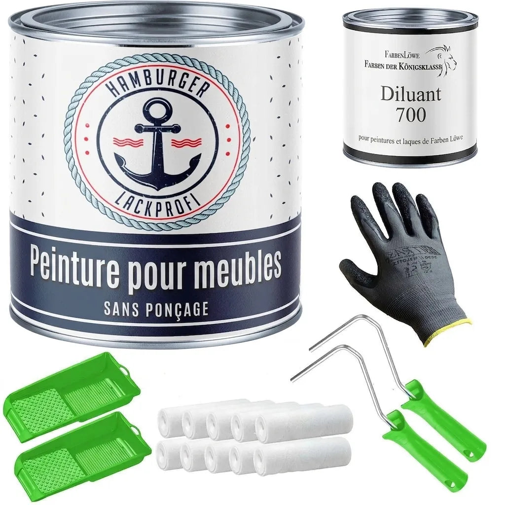 Kit de peinture pour meubles Hamburger Lackprofi: pot de peinture, diluant, gants, rouleaux et bacs.