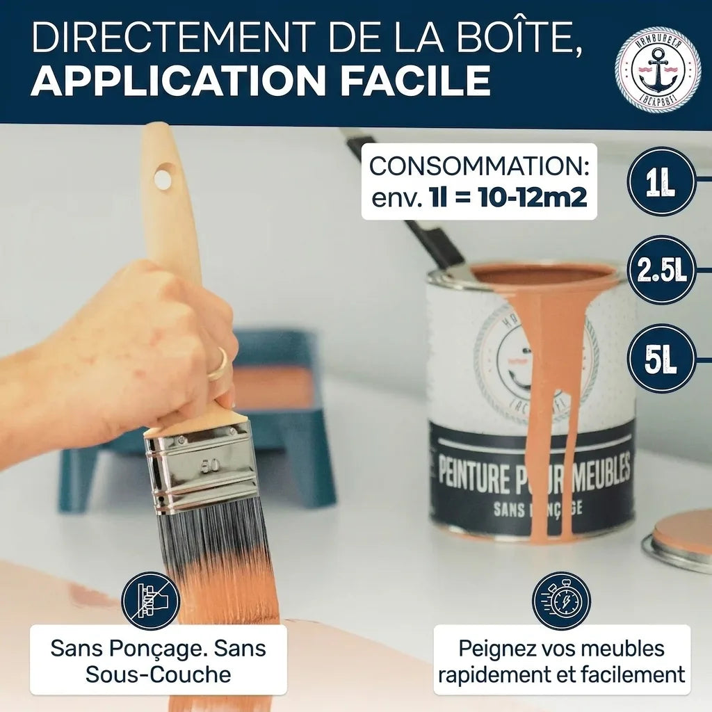 Peinture pour meubles Hamburger Lackprofi: facile à utiliser, sans ponçage ni apprêt. 1L couvre 10-12m². Disponible en 1L, 2.5L, 5L.