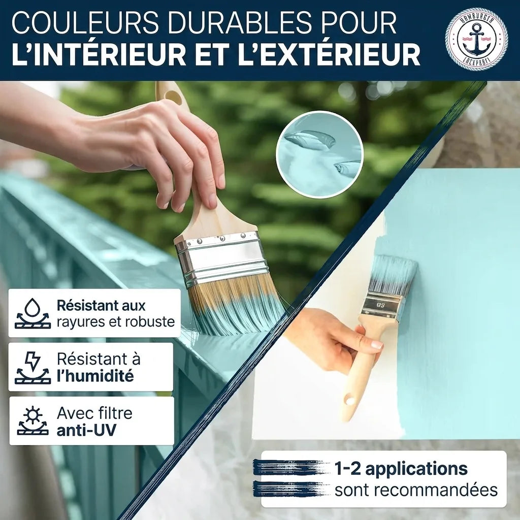 Peinture durable intérieur/extérieur, résistante aux rayures, humidité et UV. 1-2 couches recommandées.