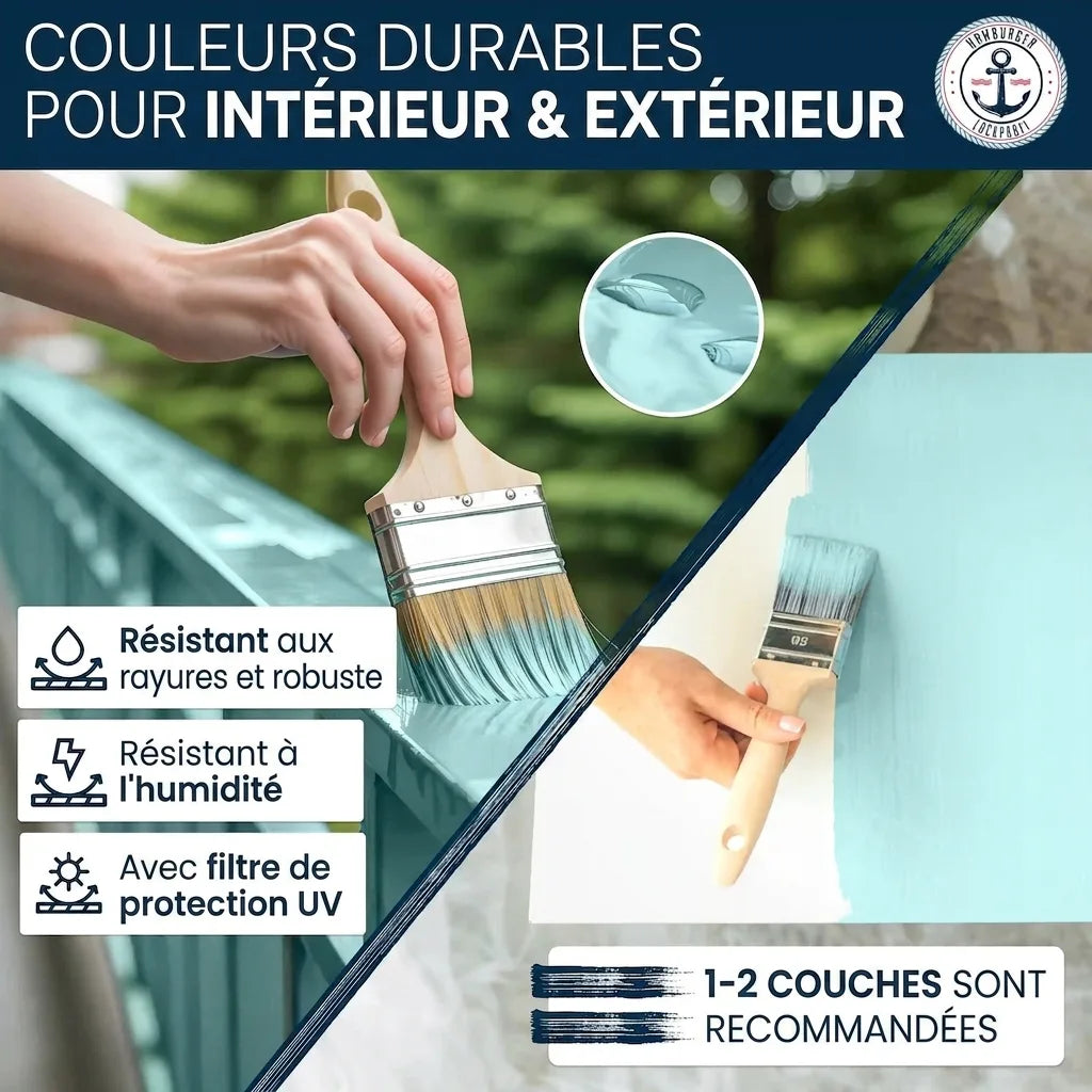 Peinture durable intérieure et extérieure. Résistante aux rayures, à l'humidité, avec filtre UV. 1-2 couches recommandées.