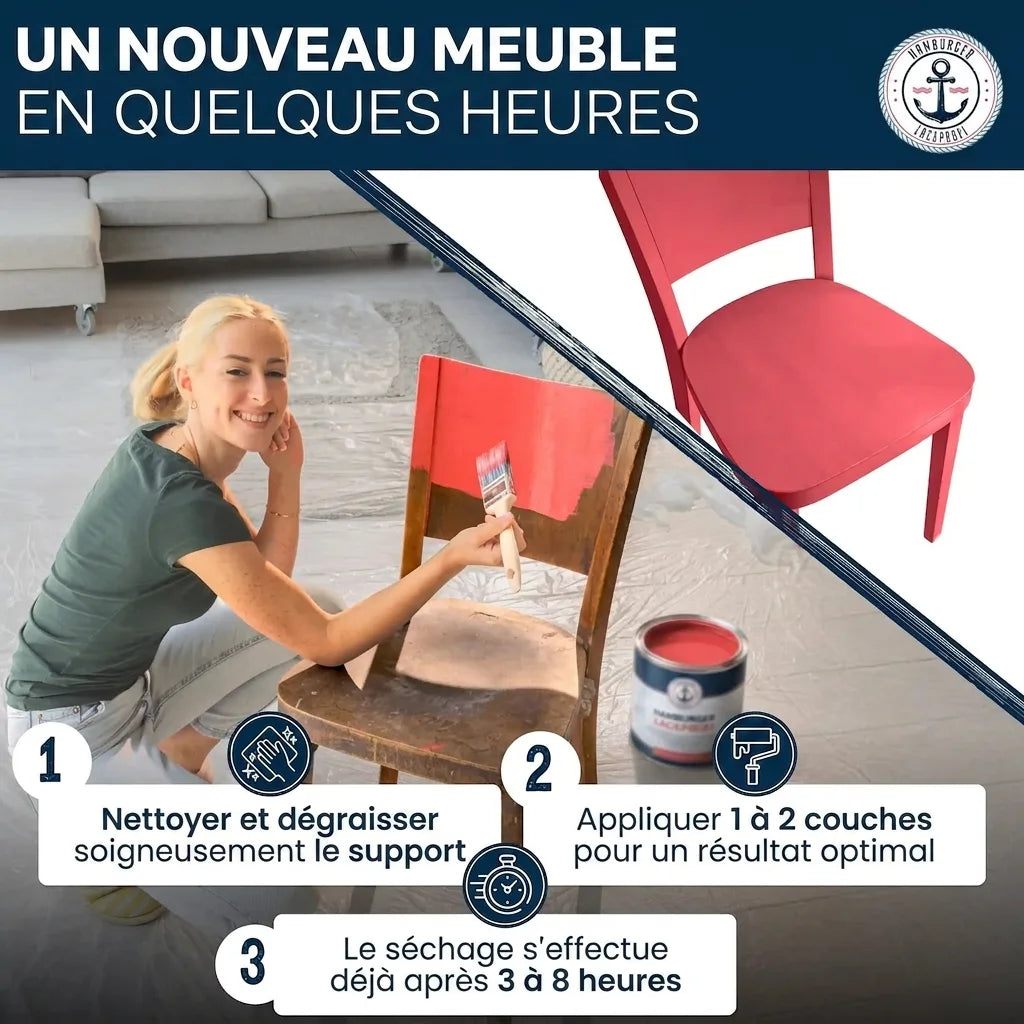 Femme peignant une chaise en rouge, guide étape par étape pour une transformation rapide de meubles.