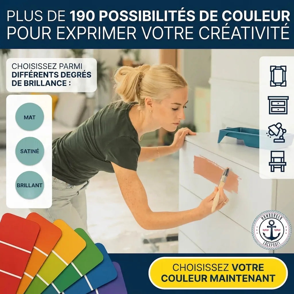 Femme peignant un meuble. Vaste choix de couleurs et finitions (mat, brillant) pour exprimer sa créativité. Plus de 190 options.