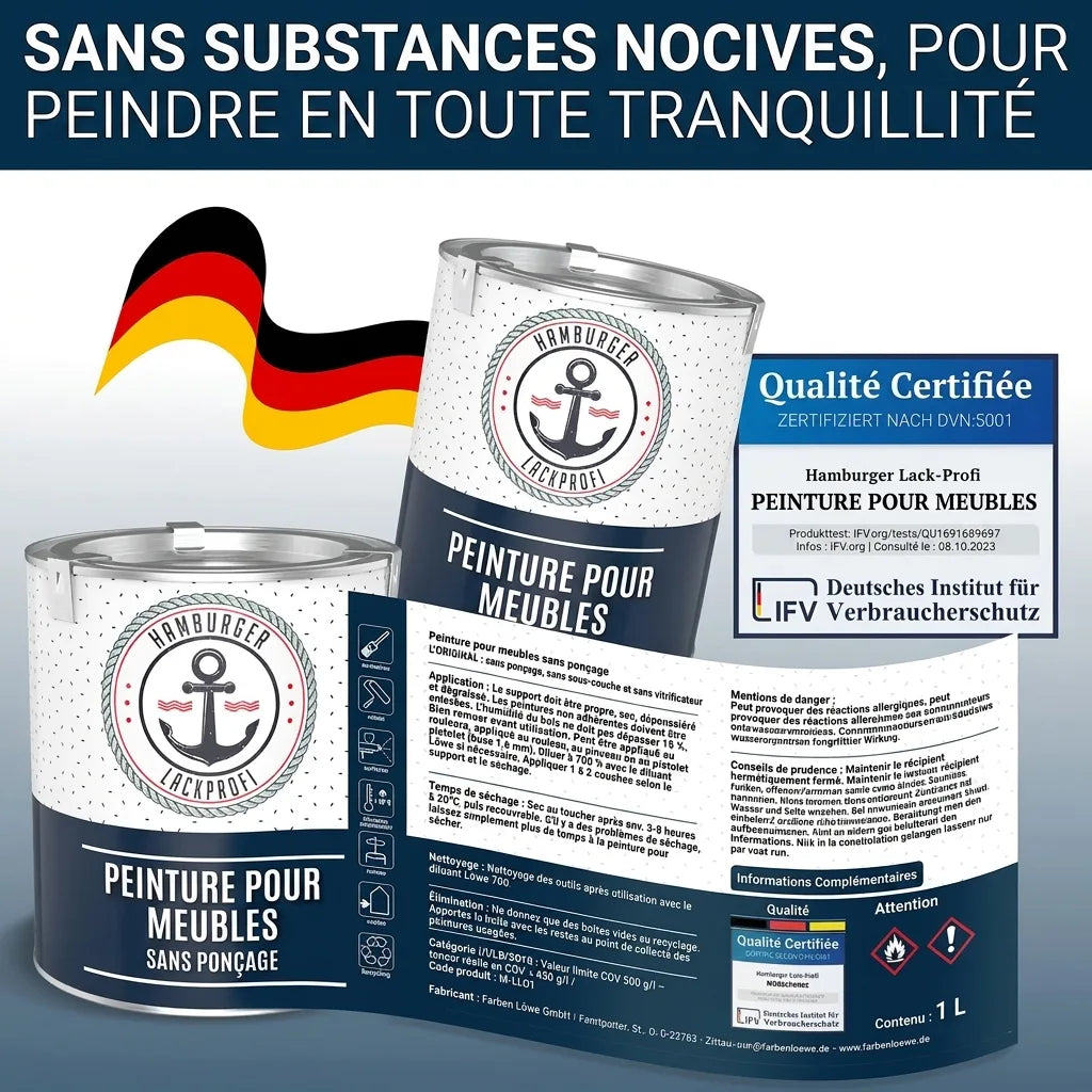 Pots de peinture pour meubles "Hamburger Lack-Profi" sans ponçage, qualité testée, instructions et avertissements en allemand.