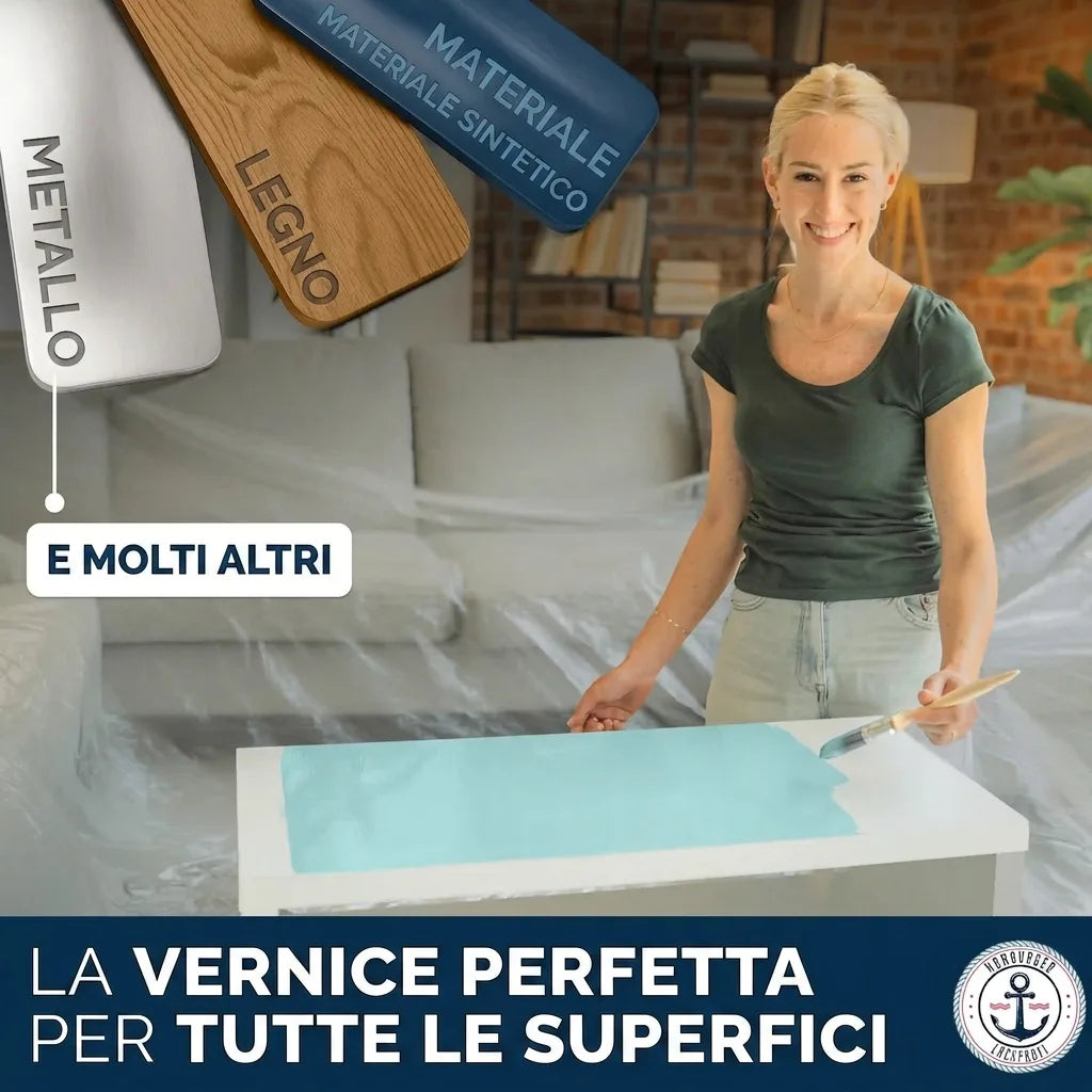 Donna sorridente dipinge un tavolo. Campioni metallo, legno, plastica. La pittura perfetta per tutte le superfici.
