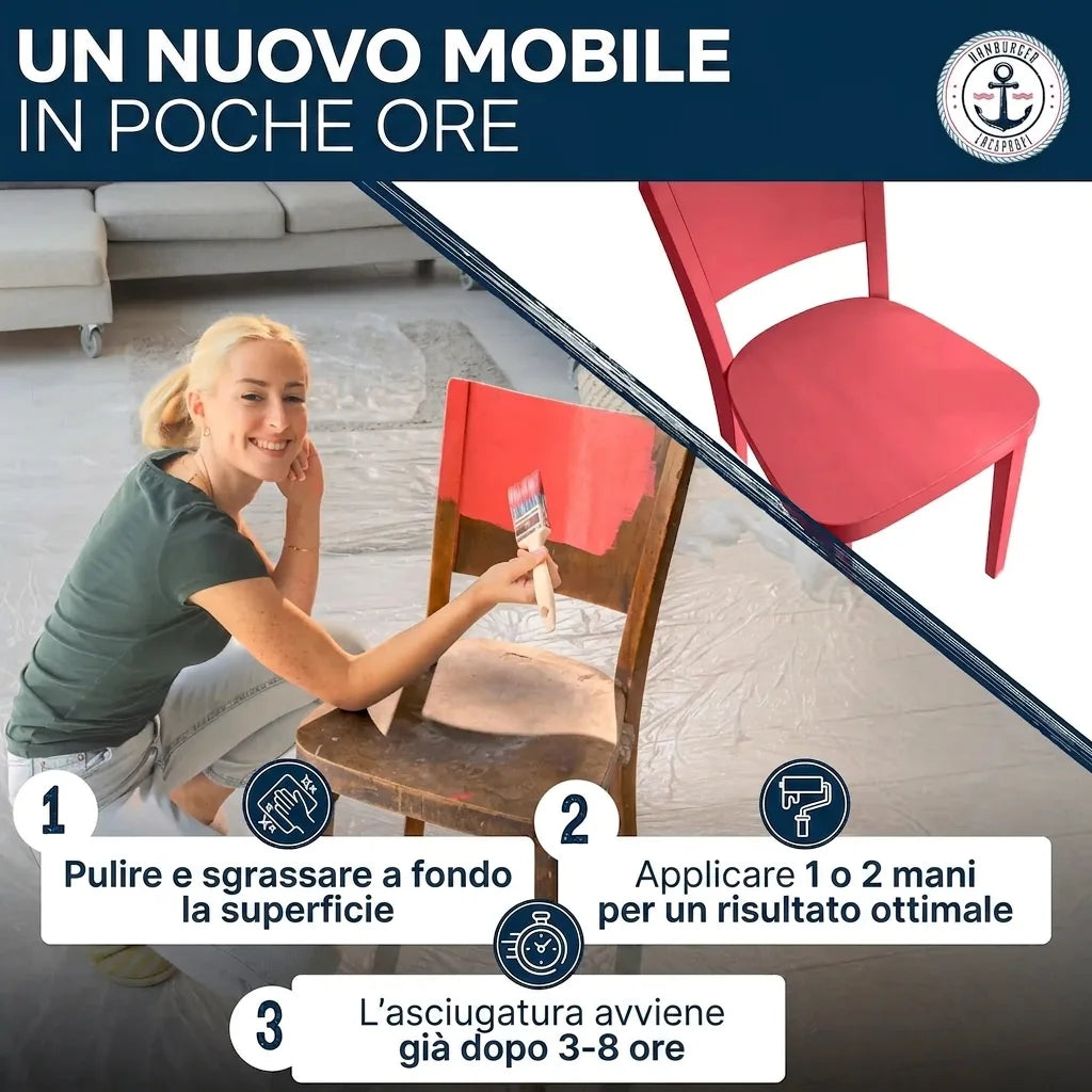 Trasforma i tuoi mobili velocemente! Donna vernicia sedia rossa, guida rapida in 3 passi: pulisci, dipingi, asciuga.