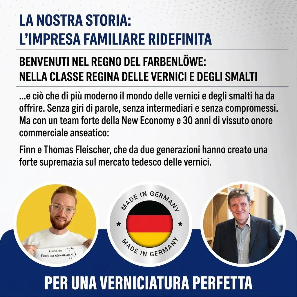 Storia di FarbenLöwe, pittura di qualità superiore Made in Germany. Ridefinire l'impresa familiare. Ritratto di Finn e Thomas Fleischer.
