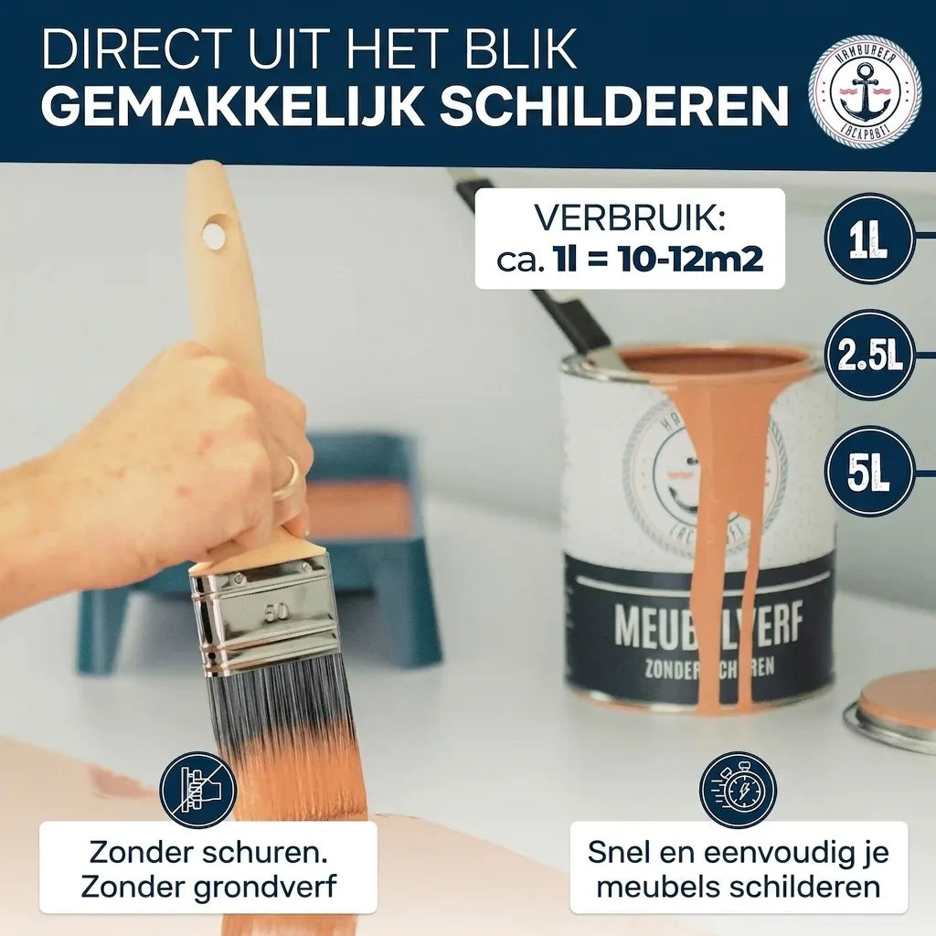 Meubelverf direct uit pot: snel & eenvoudig. Geen schuren, geen grondlaag. 1L voor 10-12m2. Beschikbaar in 1L, 2.5L, 5L.