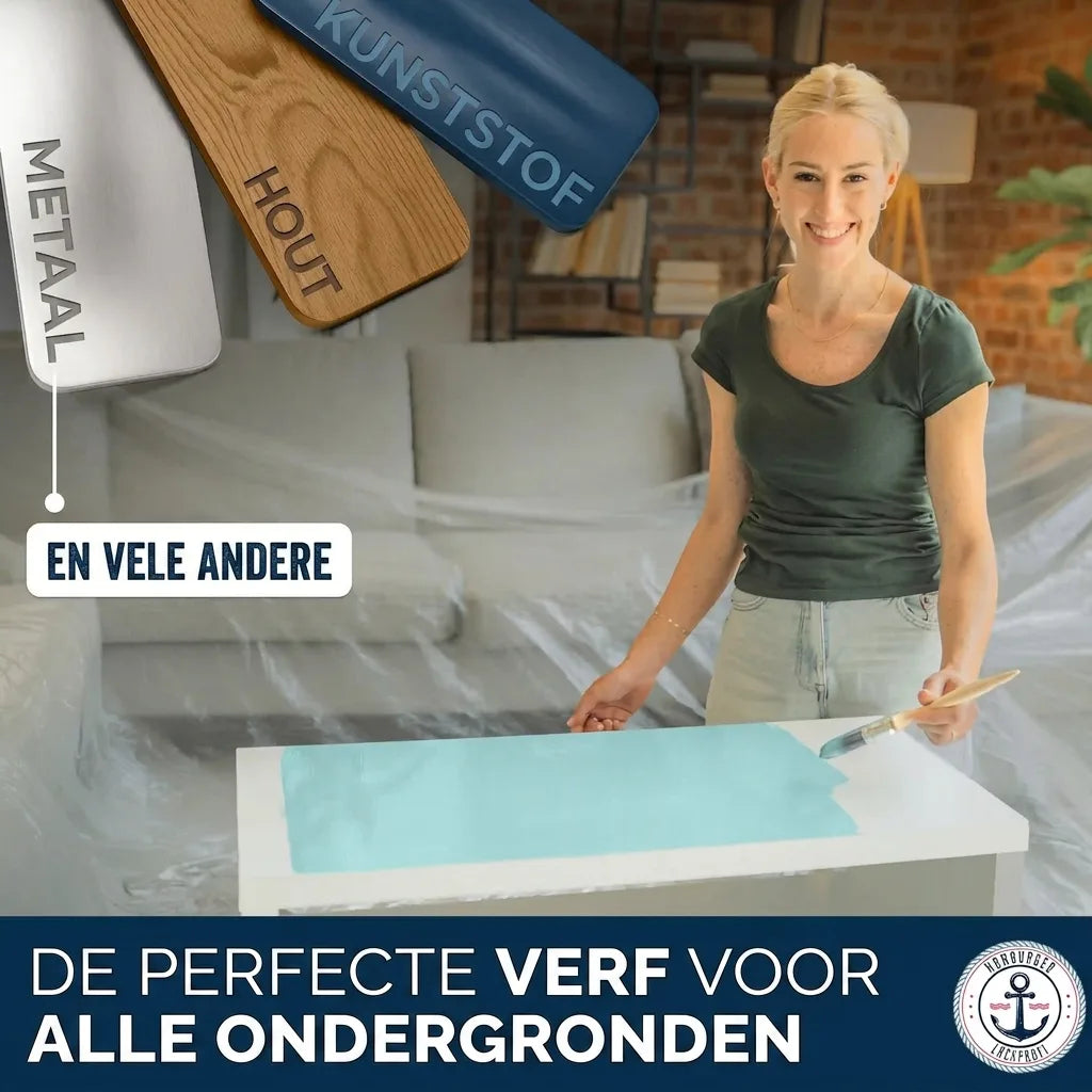Vrouw schildert tafel met verf die geschikt is voor metaal, hout, kunststof en alle ondergronden.