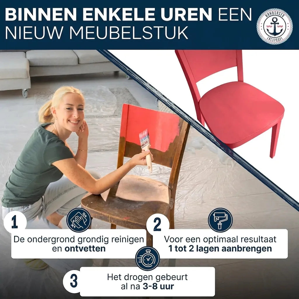 Vrouw schildert oude stoel rood. Stappen: reinigen, 1-2 lagen aanbrengen, droogtijd 3-8 uur. Van oud naar nieuw meubel.