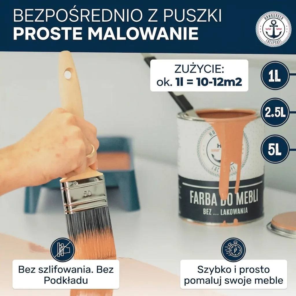 Farba do mebli: prosto z puszki, bez szlifowania i gruntowania. Szybkie malowanie. 1L na 10-12m². 1L, 2.5L, 5L.
