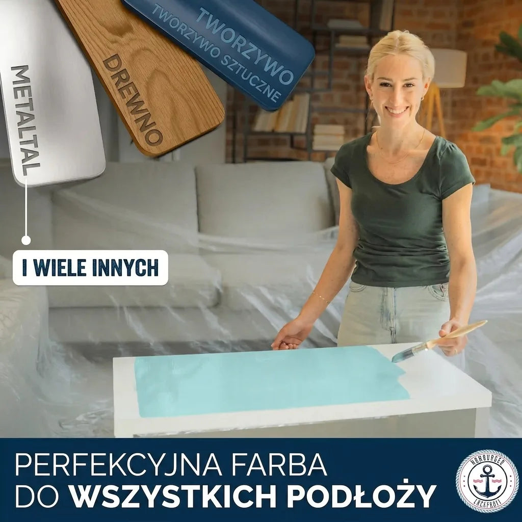 Kobieta malująca stół turkusową farbą. Widoczne etykiety: metal, drewno, plastik. Napis: Idealna farba do wszystkich powierzchni.