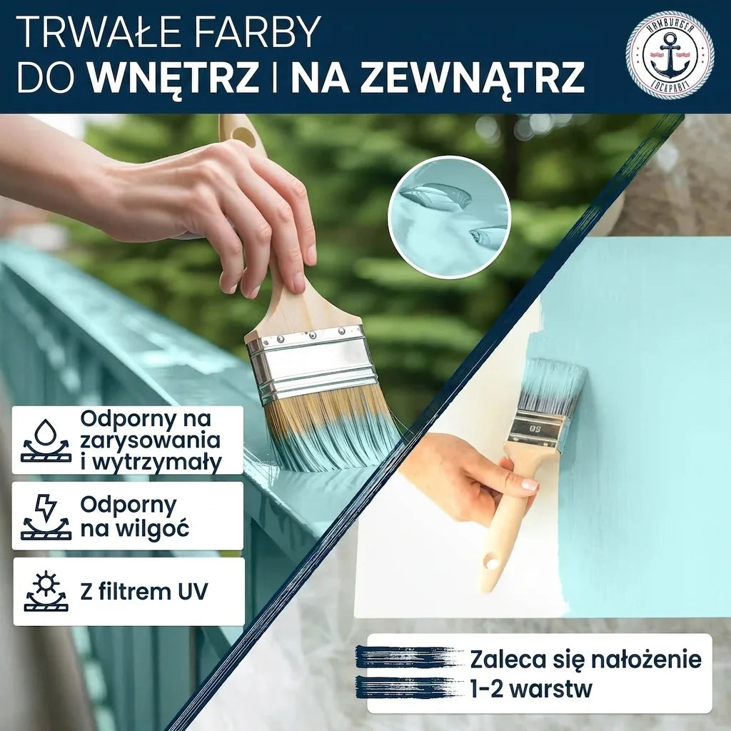 Trwała farba wewnętrzna i zewnętrzna, odporna na zarysowania, wilgoć i promienie UV, 1-2 warstwy.