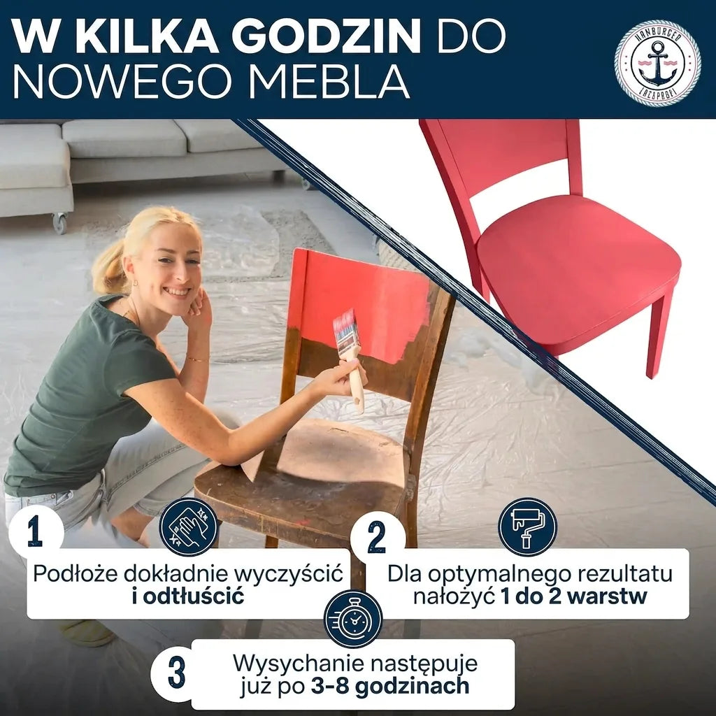 Kobieta maluje stare krzesło na czerwono, obok gotowe krzesło. Instrukcja: czyszczenie, 1-2 warstwy, schnięcie 3-8h.