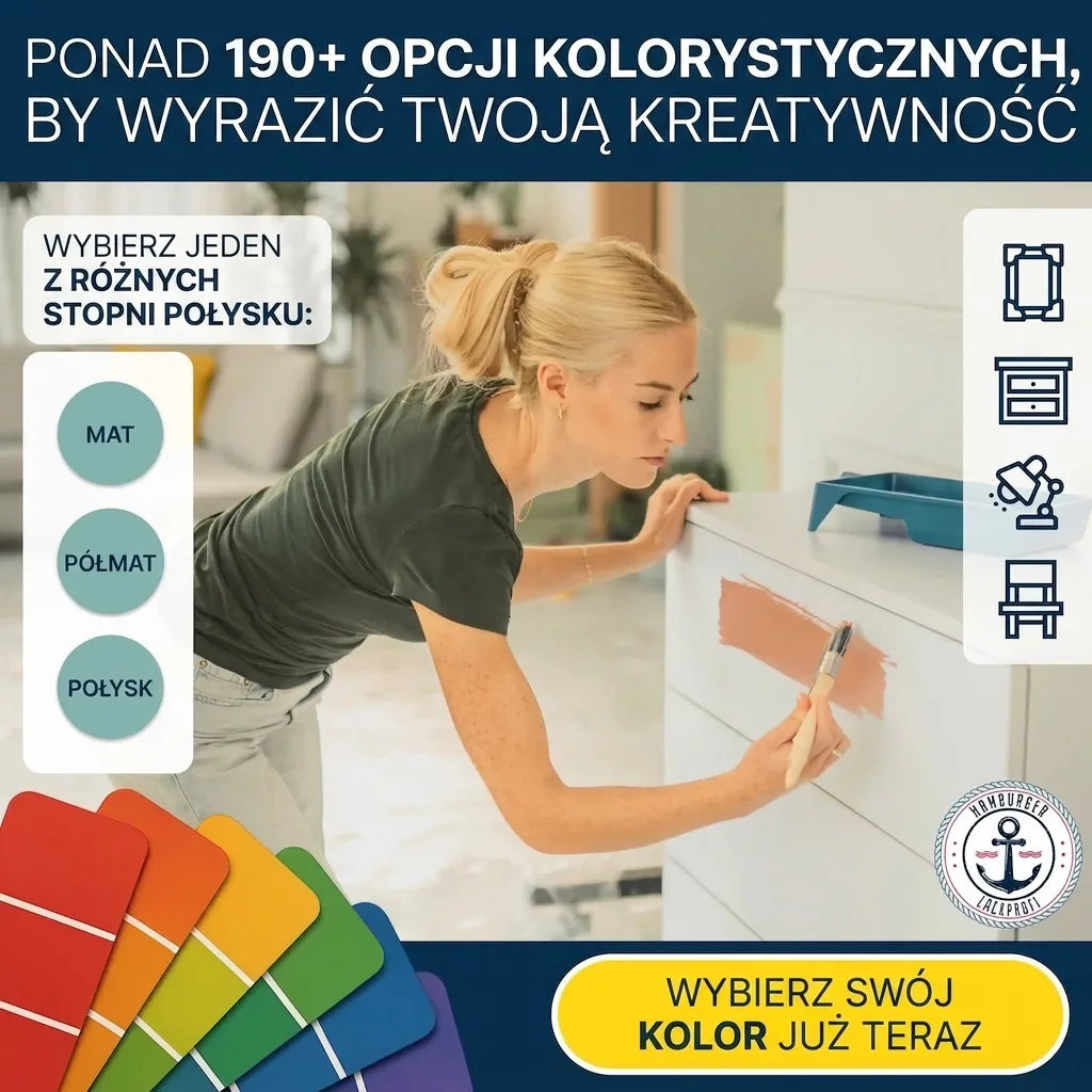 Młoda kobieta malująca komodę, wybór z ponad 190 kolorów i stopni połysku farby.