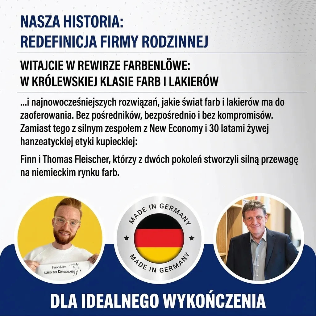 Rodzinna firma Farbenlöwe redefiniuje rynek farb. Dwóch mężczyzn, logo Made in Germany i hasło „Dla perfekcyjnego malowania”.