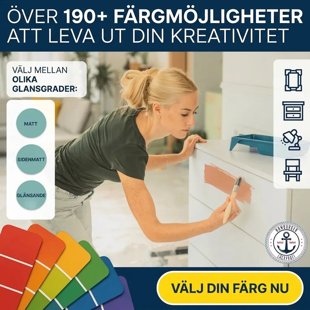 Kvinna målar byrå. Över 190 färger & olika glansgrader (matt, sidenmatt, glansig). Släpp loss din kreativitet.