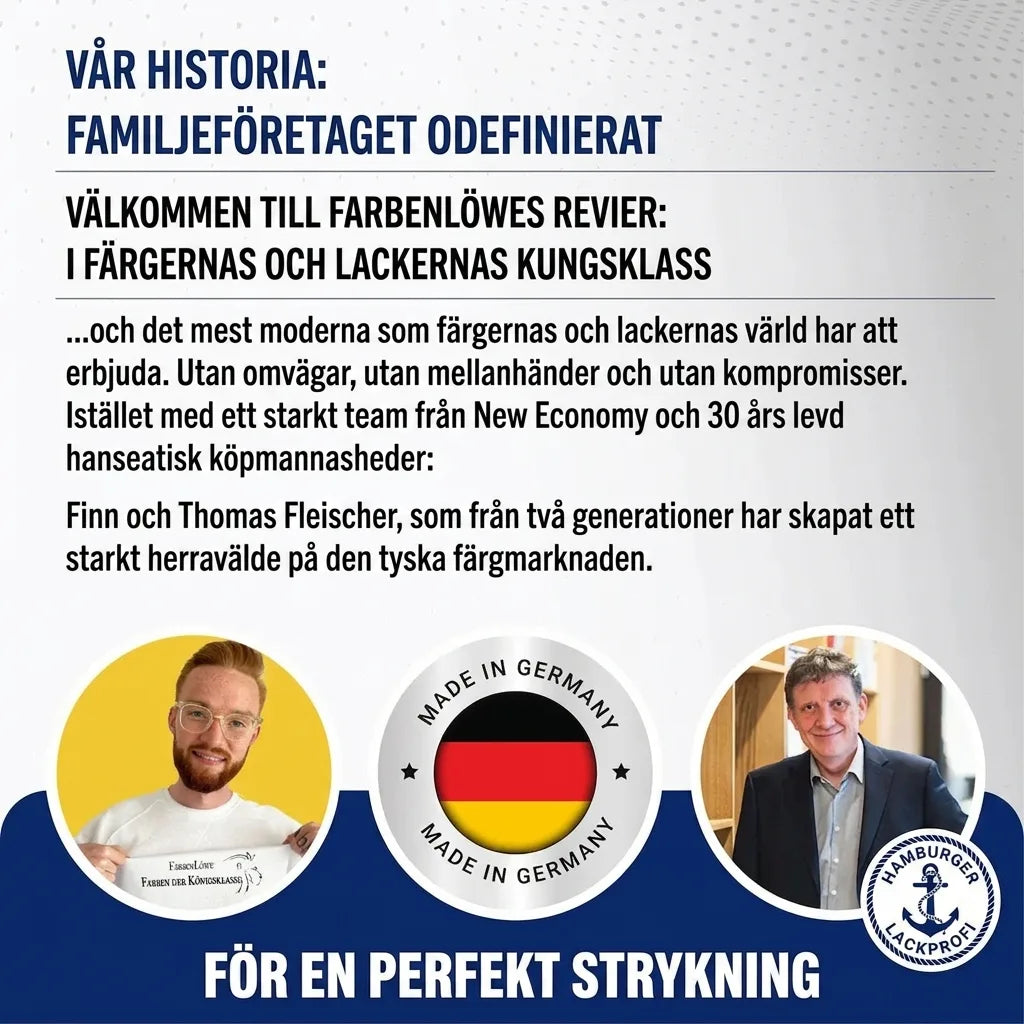 Porträtt av män, logotyp med tysk flagga, text om familjeföretaget Farbenlöwe och högkvalitativa färger.